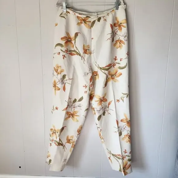 Annie Alexander Floral Wide Leg Hise Rise Linen Pants 14 Cream Orange Trousers - Picture 1 of 9